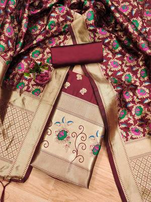 Maroon soft banarasi silk pure zari woven design dress material 3