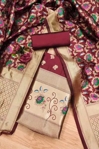 Maroon soft banarasi silk pure zari woven design dress material