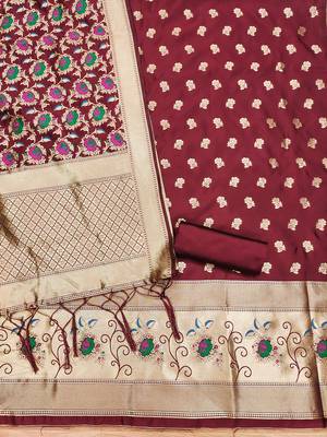 Maroon soft banarasi silk pure zari woven design dress material 4