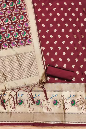 Maroon soft banarasi silk pure zari woven design dress material