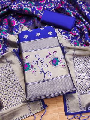 Royal blue soft silk blend silk pure zari woven dress material 1