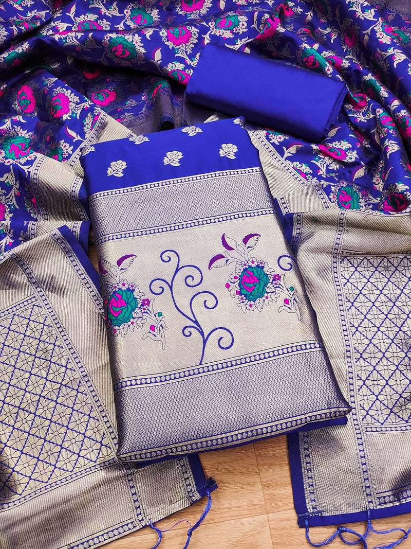 Royal blue soft banarasi silk pure zari woven design dress material