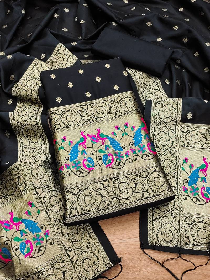 Black soft banarasi silk pure zari woven design dress material