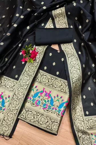 Black soft silk blend silk pure zari woven dress material