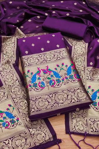 Purple soft banarasi silk pure zari woven design dress material
