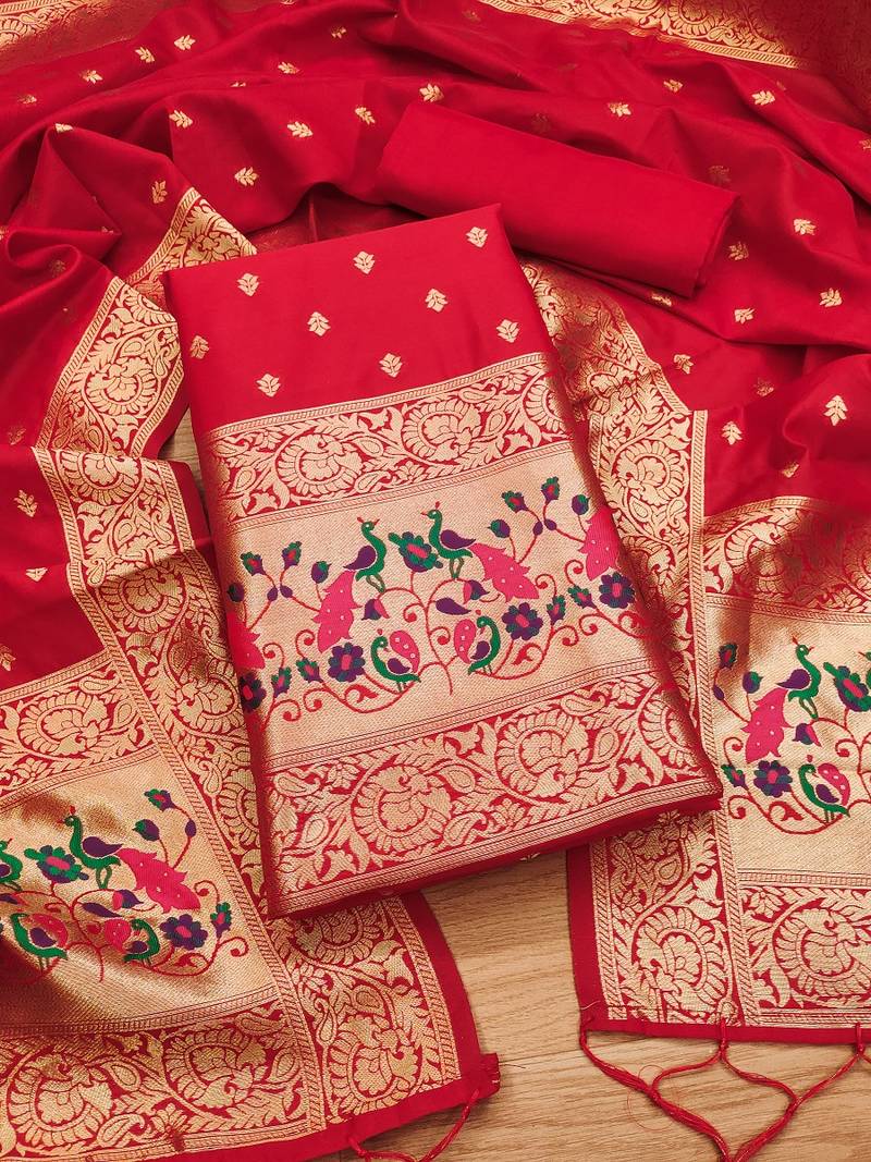 Red soft banarasi silk pure zari woven design dress material