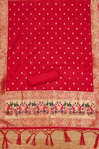 Red soft silk blend silk pure zari woven dress material