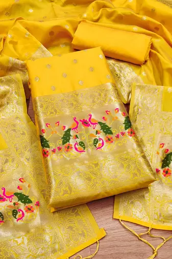 Yellow soft banarasi silk pure zari woven design dress material