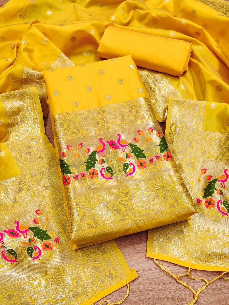Yellow soft banarasi silk pure zari woven design dress material