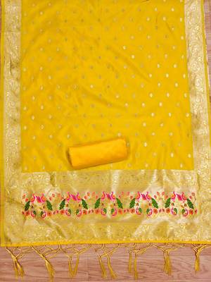 Yellow soft silk blend silk pure zari woven dress material 2