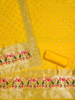 Yellow soft silk blend silk pure zari woven dress material 4