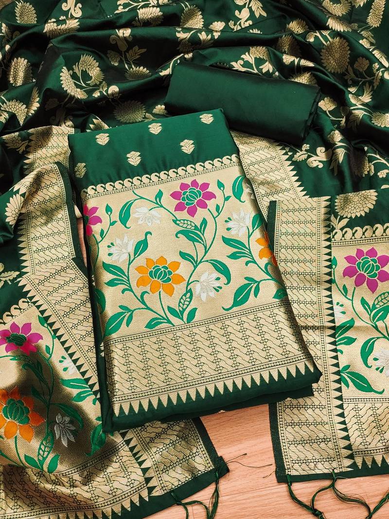 Bottle green soft banarasi silk pure zari woven design dress material