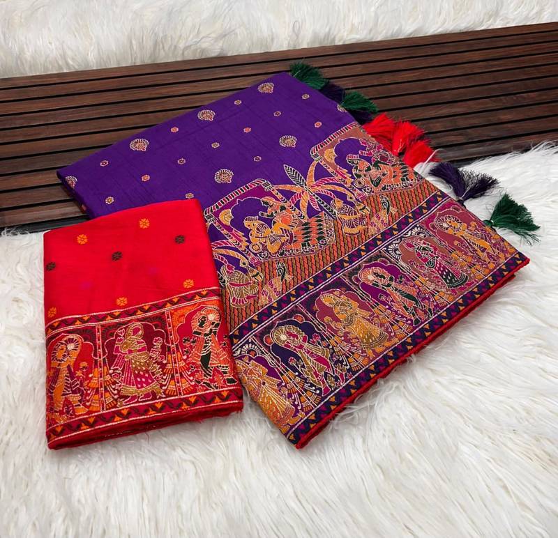 Purple Color Kashmiri Thread Woven Work Pashmina Silk Blend  Saree