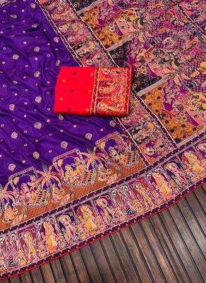 Purple Color Kashmiri Thread Woven Work Pashmina Silk Blend  Saree 3
