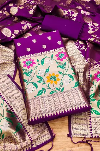 Purple soft banarasi silk pure zari woven design dress material