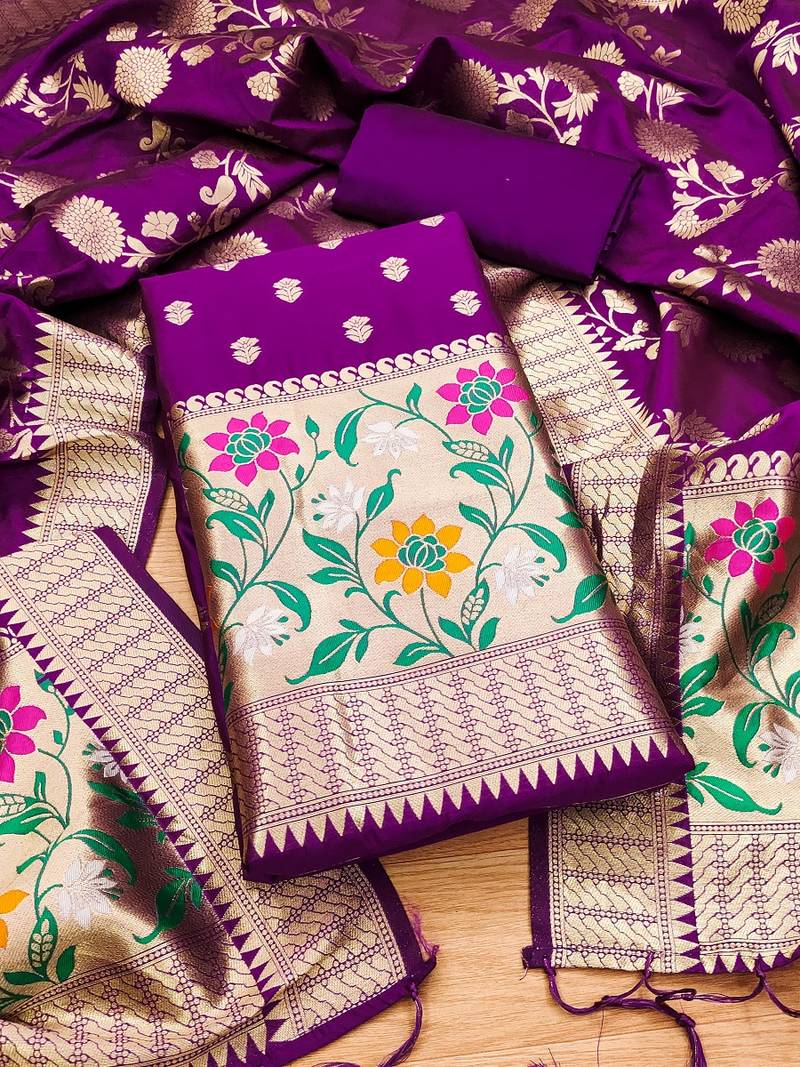Purple soft banarasi silk pure zari woven design dress material