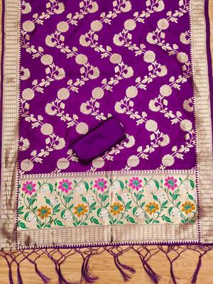 Purple soft silk blend silk pure zari woven dress material 2