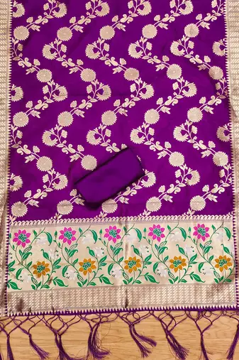 Purple soft silk blend silk pure zari woven dress material