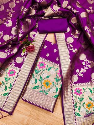 Purple soft silk blend silk pure zari woven dress material 3