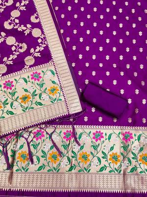 Purple soft silk blend silk pure zari woven dress material 4