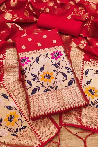 Red soft banarasi silk pure zari woven design dress material