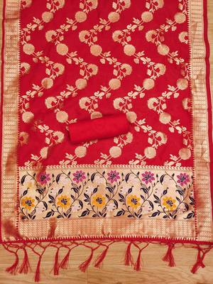 Red soft silk blend silk pure zari woven dress material 3