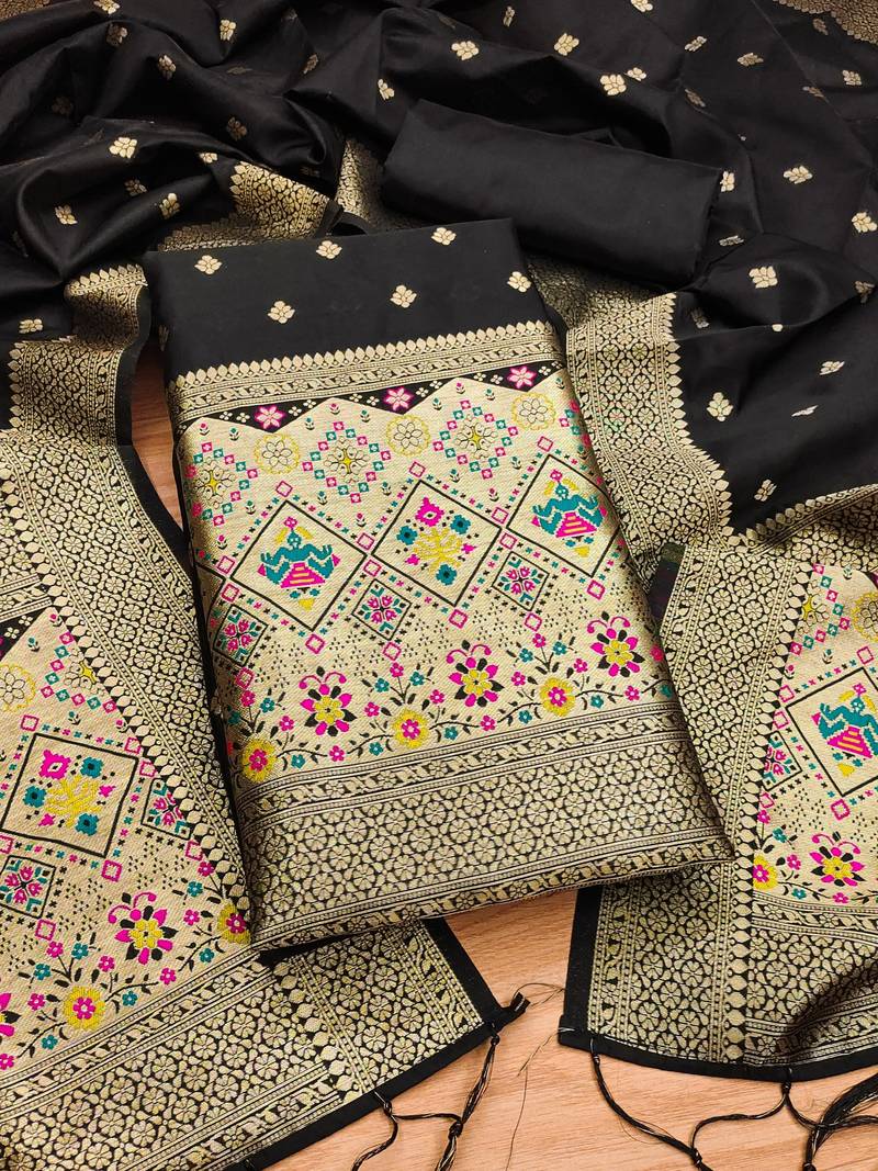 Black soft banarasi silk pure zari woven design dress material