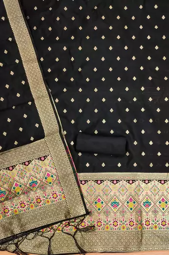 Black soft silk blend silk pure zari woven dress material