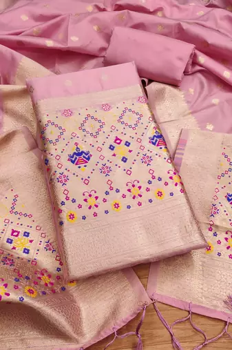 Baby pink soft banarasi silk pure zari woven design dress material