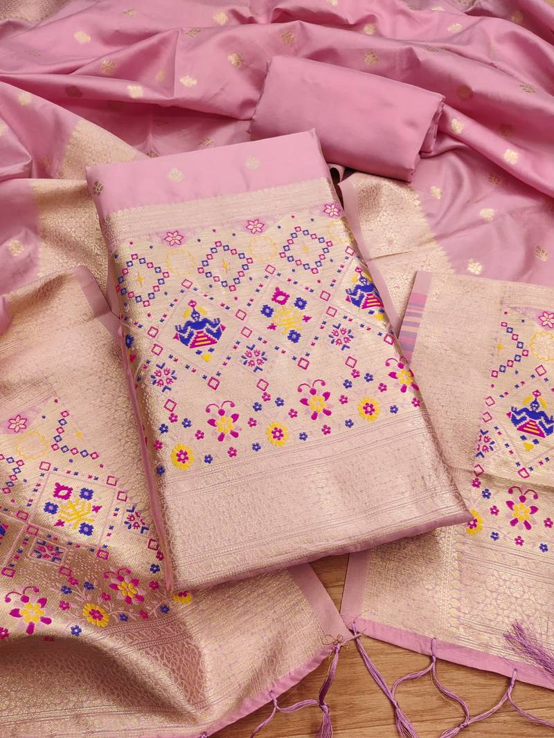 Baby pink soft banarasi silk pure zari woven design dress material