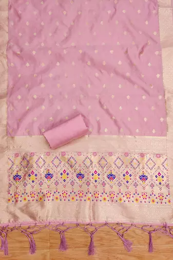 Baby pink soft silk blend silk pure zari woven dress material