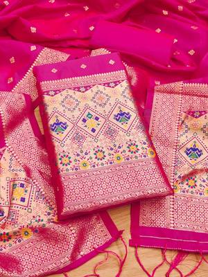 Pink soft banarasi silk pure zari woven design dress material 1