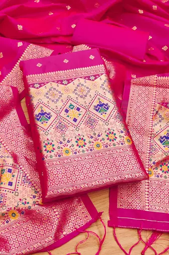 Pink soft banarasi silk pure zari woven design dress material