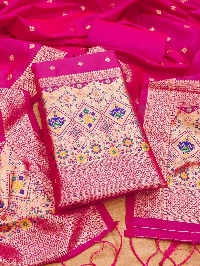 Pink soft banarasi silk pure zari woven design dress material