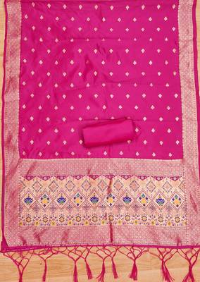 Pink soft banarasi silk pure zari woven design dress material 2