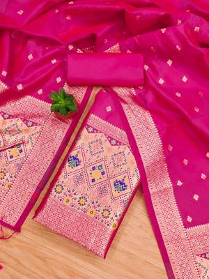 Pink soft banarasi silk pure zari woven design dress material 3