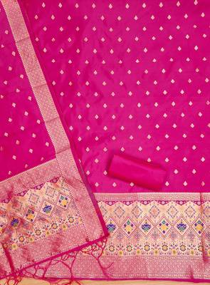Pink soft banarasi silk pure zari woven design dress material 4