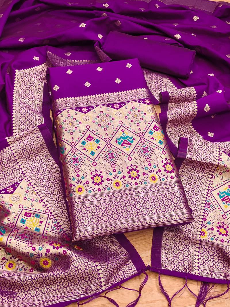 Purple soft banarasi silk pure zari woven design dress material