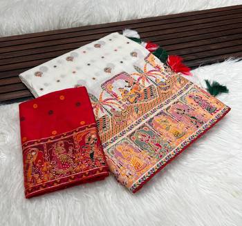 White Color Kashmiri Thread Woven Work Pashmina Silk Blend  Saree 1