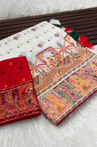 White Color Kashmiri Thread Woven Work Pashmina Silk Blend  Saree