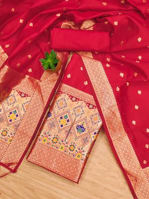 Red soft silk blend silk pure zari woven dress material 3