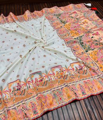 White Color Kashmiri Thread Woven Work Pashmina Silk Blend  Saree 2