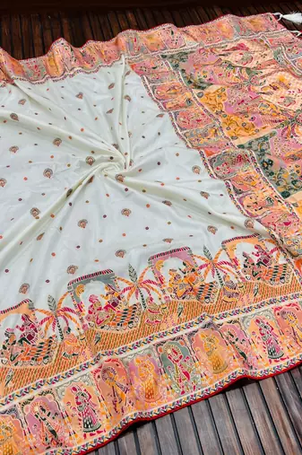 White Color Kashmiri Thread Woven Work Pashmina Silk Blend  Saree