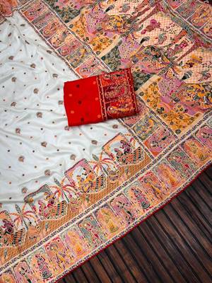 White Color Kashmiri Thread Woven Work Pashmina Silk Blend  Saree 3