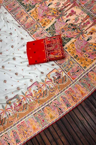 White Color Kashmiri Thread Woven Work Pashmina Silk Blend  Saree