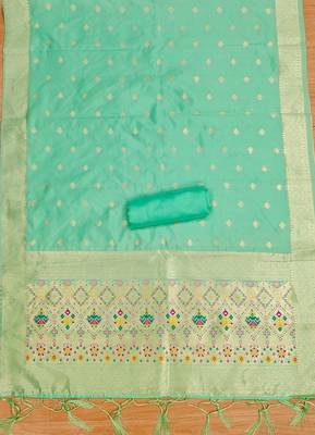 Sea green soft silk blend silk pure zari woven dress material 2