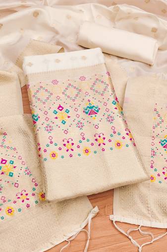White soft banarasi silk pure zari woven design dress material