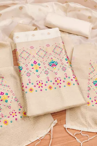 White soft banarasi silk pure zari woven design dress material