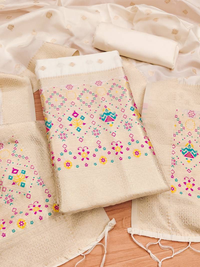 White soft banarasi silk pure zari woven design dress material