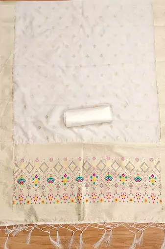 White soft silk blend silk pure zari woven dress material